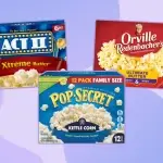 unhealthy microwave popcorn collage of three brands on a purple background