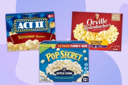 unhealthy microwave popcorn collage of three brands on a purple background