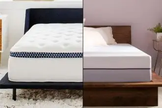 The image shows the WinkBed mattress on the left and the Purple Plus mattress on the right in a side by side comparison