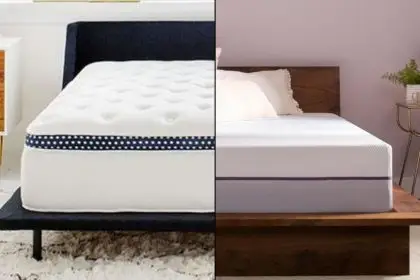 The image shows the WinkBed mattress on the left and the Purple Plus mattress on the right in a side by side comparison