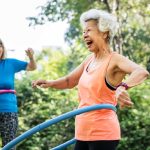 Elderly people, hula are hoops for fitness and health