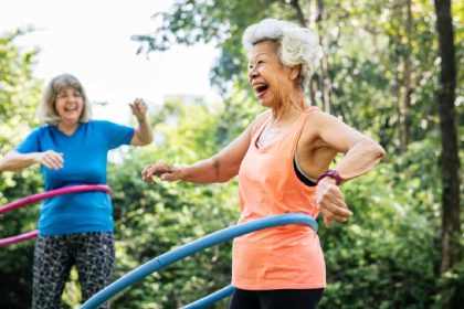 Elderly people, hula are hoops for fitness and health