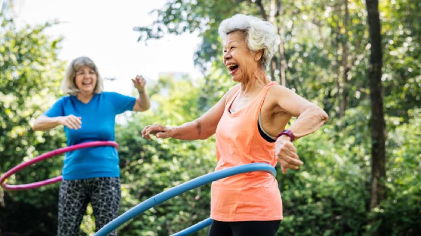 Elderly people, hula are hoops for fitness and health