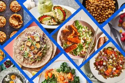 a collage featuring some of the recipes featured in the 7-Day Mediterranean Diet Meal Plan to Improve Your Gut Health