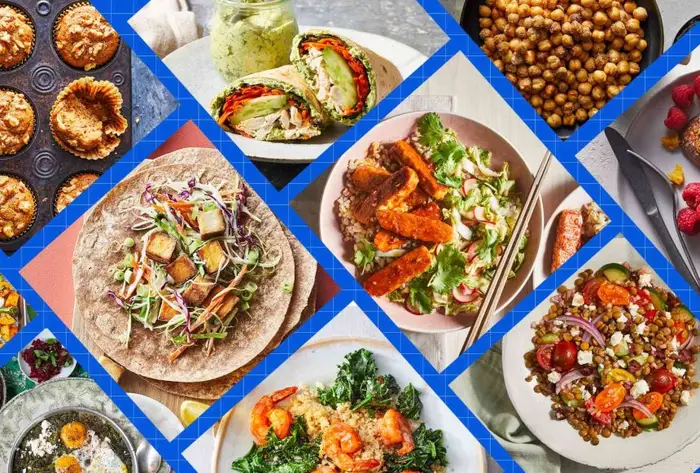 a collage featuring some of the recipes featured in the 7-Day Mediterranean Diet Meal Plan to Improve Your Gut Health